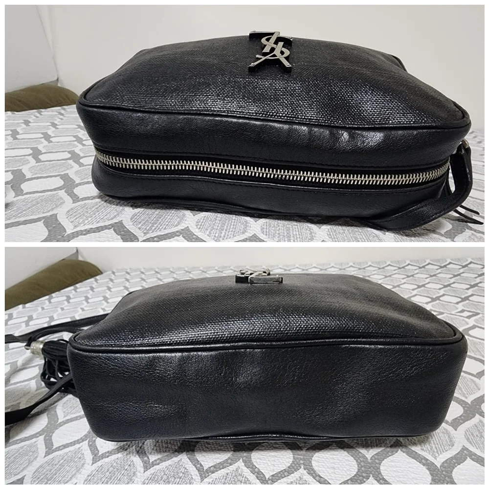 YVES SAINT LAURENT Lou Camera Raffia Canvas Crossbody Bag Black